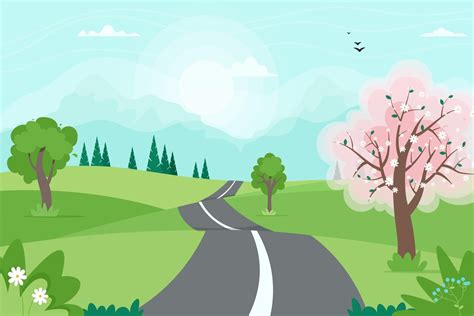 Cute Spring Road Landscape With Mountains Vector Illustration In Flat