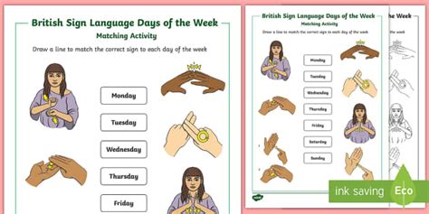 British Sign Language Days Of The Week Matching British Sign Language