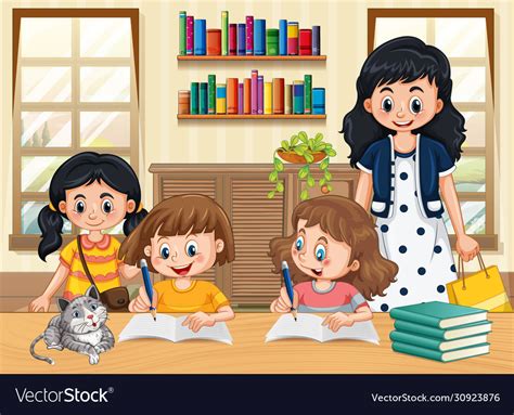 Scene With Kids Doing Homework At Home Royalty Free Vector