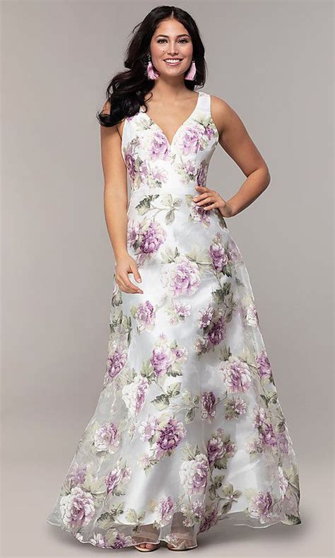 Long V Neck Floral Print Prom Dress In Organza Printed Prom Dresses