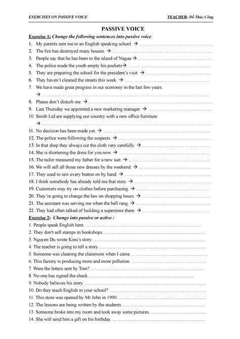 Doc Passive Voice Exercises On Passive Voice Teacher Th C C Ng Passive Voice