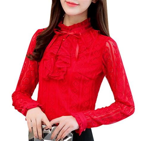 2017 Autumn Plus Size Tops Women Red Lace Shirts Ladies Fashion Ruffles