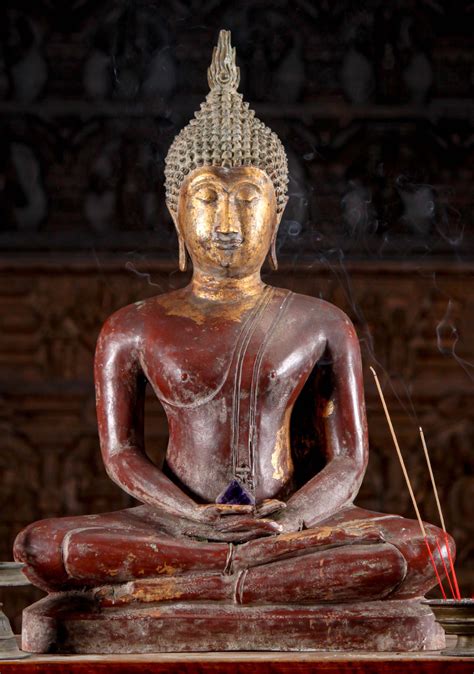 Sold Thai Brass Meditating Sukhothai Buddha Sculpture In Ardhapadmasana