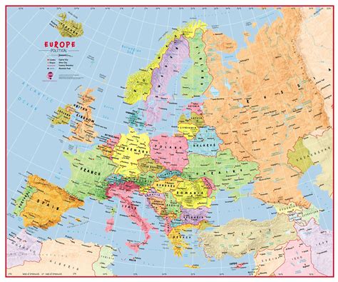 Large Primary Europe Wall Map Political Laminated