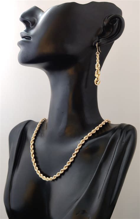 14k Real Yellow Gold Rope Chain Earrings Drop Rope Earrings Dangle