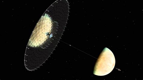 Solar Sail Ship Moving Through The Jupiter System And Passing Europa