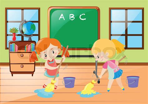 Two Girls Cleaning Classroom Together Stock Vector Colourbox