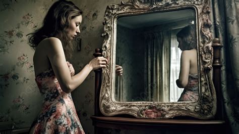 Woman Looking At Her Reflection In An Old Mirror Background Body Dysmorphia Pictures Background