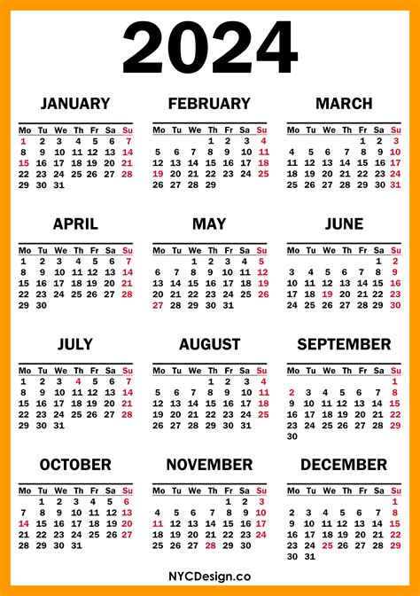 2024 Calendar With Us Holidays Printable Free Orange Yellow Monday