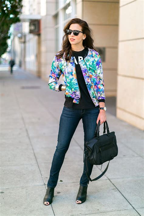 Digital Floral Print Bomber Jacket With A Black Tee And Skinnies