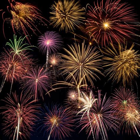 Beautiful Fireworks Display Lights Up The Night Time Sky Stock Photo