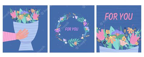 Premium Vector Set Of Greeting Cards With Flowers On A Blue Background