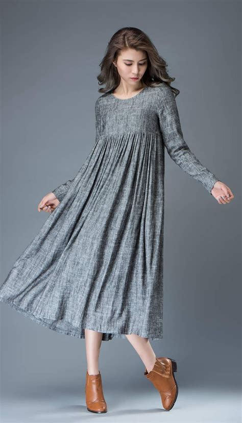 Maxi Linen Dress Comfortable Linen Loose Fitting Long Sleeved Everyday