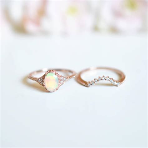 Rose Gold Opal Engagement Ring Sets Vintage Opal Wedding Ring Etsy