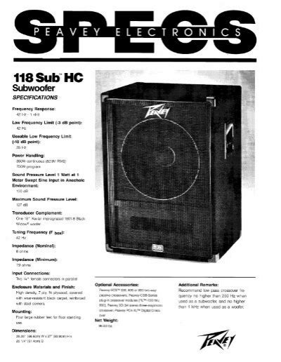 118 Sub Hc Subwoofer Specifications Peavey