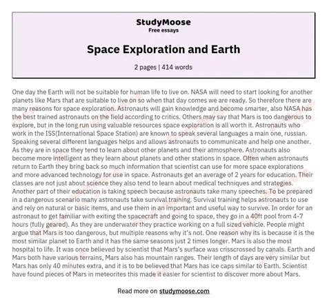 Space Exploration And Earth Free Essay Example