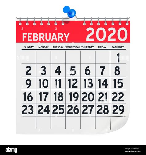 Febrero 2020 Calendario De Pared Mensual 3d Rendering Aislado Sobre
