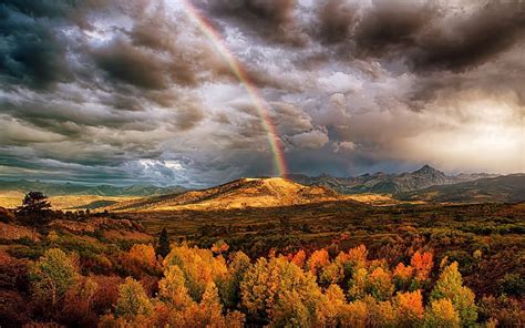 Rainbow Over Mountains Plants Rain Clouds Sky Landscape Hd