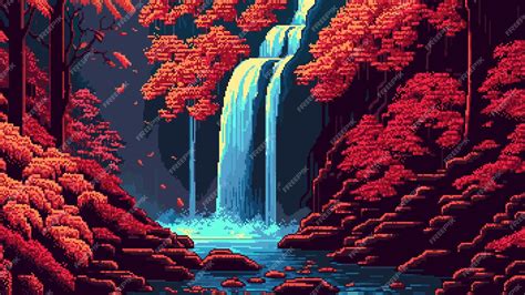 Premium Vector 8 Bit Pixel Waterfall Cascade Landscape At Autumn