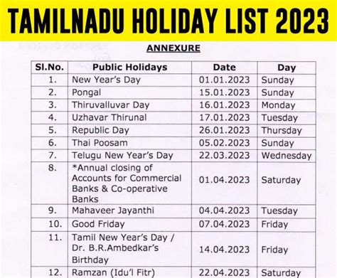 Pdf Tamil Nadu Govt Holidays 2023 Tn Public Holidays 2023 Bank
