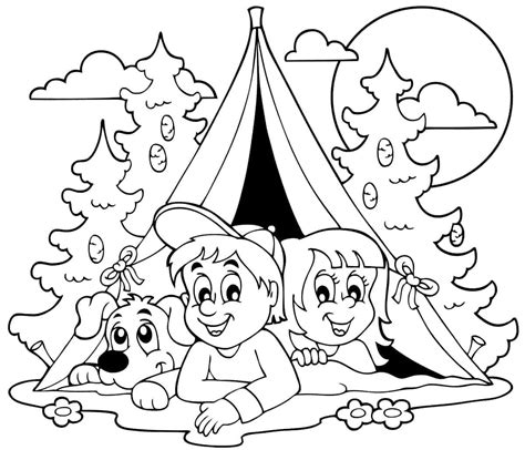 Kolorowanka dziewczynka chłopiec i piesek w namiocie w wakacje Drukuj Kolorowanki pl