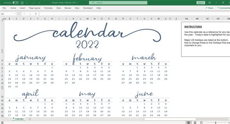 Calendario Anual Elegante 2022 Plantilla De Excel Etsy España