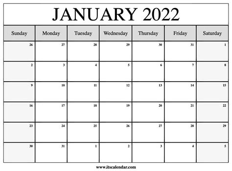 2022 January Calendar Images