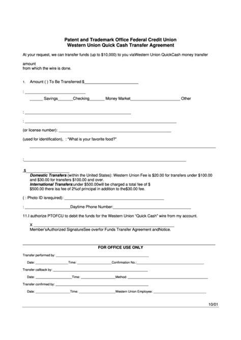 Fillable Western Union Quick Cash Transfer Agreement Form Printable Pdf