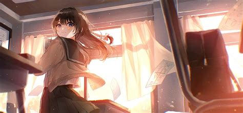 Anime School Girl Curtains Classroom Smiling Brown Hair Anime Hd