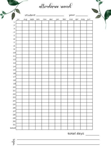 Attendance Tracker Printable Homeschool Attendance Homeschool