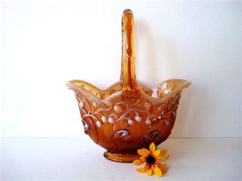 Vintage Fenton Amber Opalescent Glass Basket Etsy Fenton Glass Fenton Antique Glass