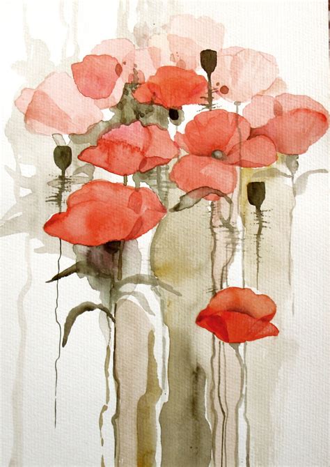 Red Poppies Original Watercolor Painting Mixed Media