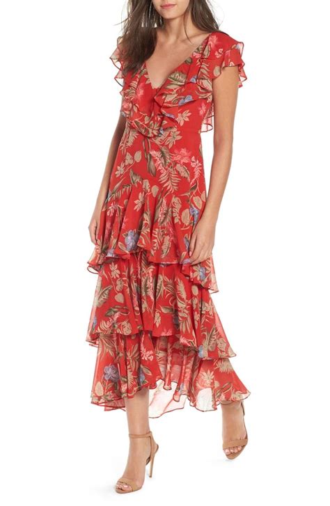 Chelsea Tiered Ruffle Maxi Dress Main Color Red Tropical Engagement