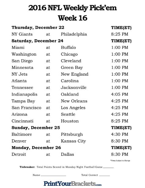 Week Nfl Schedule Printable Printable World Holiday