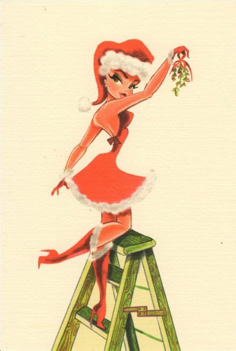 a drawing of a woman in santa s hat on top of a step ladder