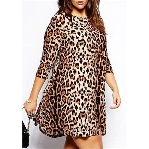 Leopard Print Plus Size Fashionable Round Neck 34 Sleeve Dress For