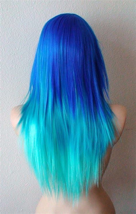 Blue Ombre Wig Electric Blue Teal Mint Wig 28 Etsy Canada Hair