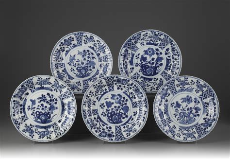 Five Blue And White Moulded Plates Oaa