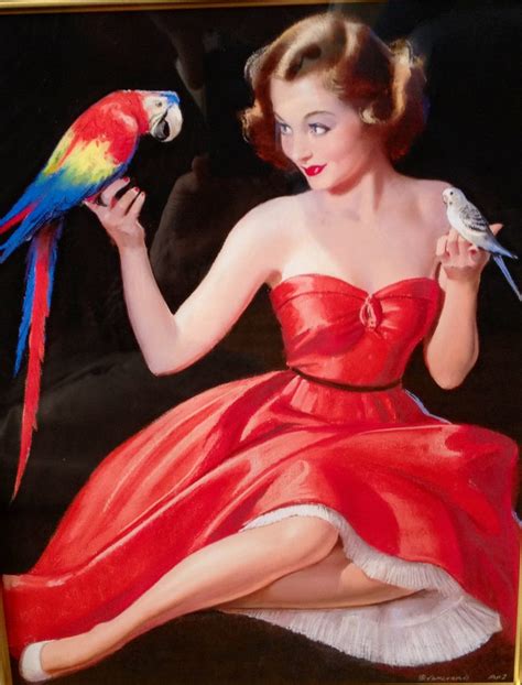 Sale Large 20x24 Canvas Bradshaw Crandell Red Dress Glamour Pin Up Parrot Parakeet Budgie Deco