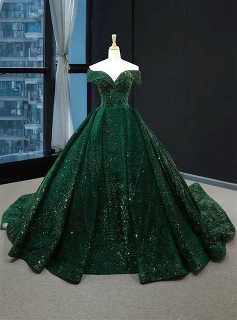 Green Ball Gown Sequins Off The Shoulder Quinceanera Dresses Sparkly