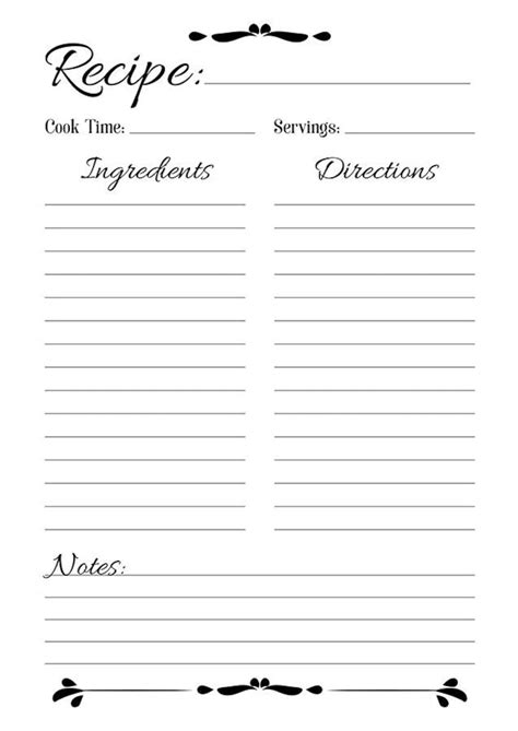 Recipe Sheet Printable Recipe Page Template Blank Recipe Etsy