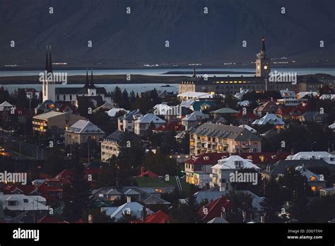 Beautiful Night Dusk View Of Reykjavik Iceland Aerial View With
