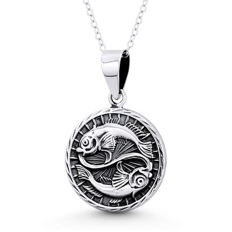 Pisces Zodiac Sign Circle Astrology Charm Pendant And Chain Necklace In