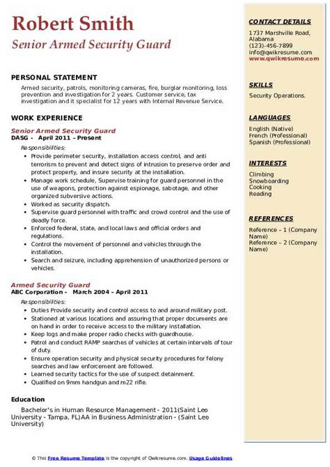 A security guard resume objective is a section in your resume that states your career goals for the role you're applying to. Armed Security Guard Resume Samples | QwikResume