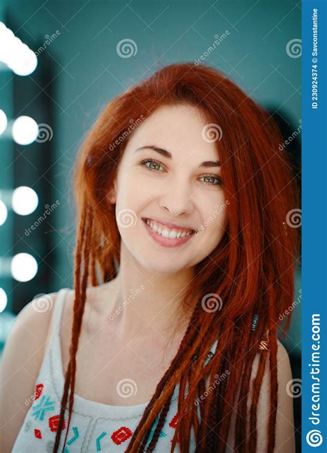 Smiling Red Haired Girl With Long Dreadlocks Stock Photo Image Of