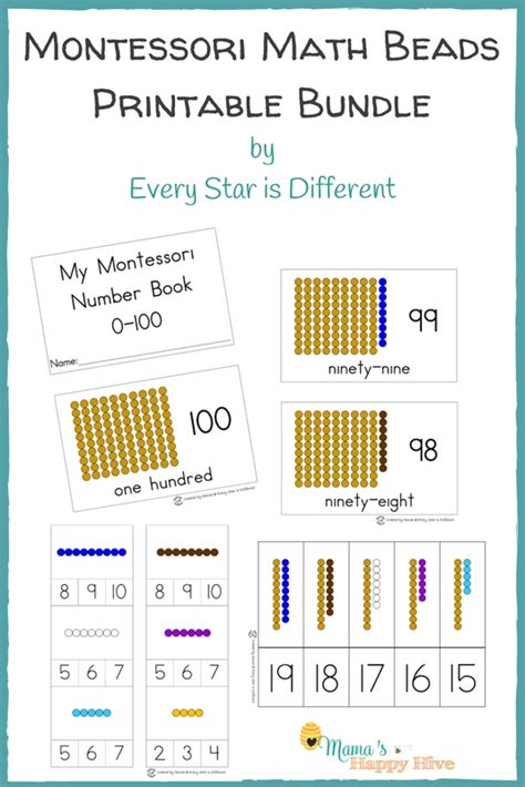 Montessori Math Beads Bar Printable Bundle with Numbers 0-100
