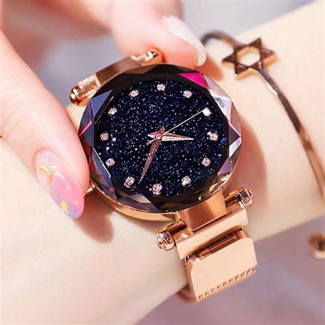 compre lujo oro rosa relojes de las mujeres reloj de pulsera magnético femenino starry sky reloj
