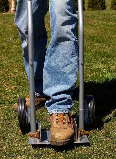 Drum aerators can be mechanically driven or towable and have a fixed hole pattern usually of 4 6 holes per square foot. Step 'N Tilt Core Lawn Aerator Review