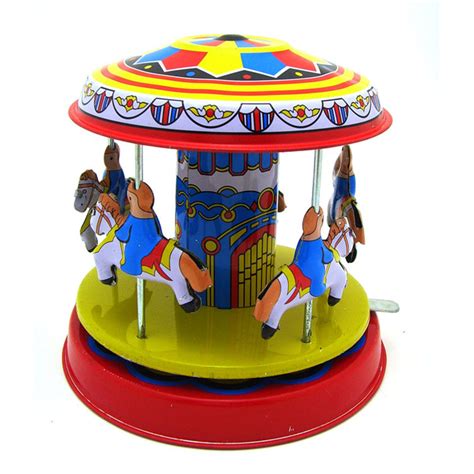 Classic Vintage Clockwork Wind Up Merry Go Round Children Kids Tin Toys