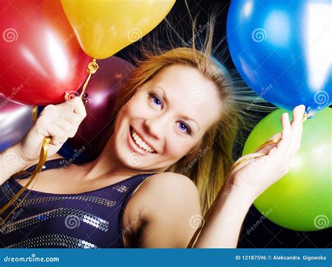 Woman Holding Ballons And Celebrating Stock Photo Image Of Birthday Celebration